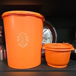 Vtg Harvest Orange Tupperware Servalier Canister Containers